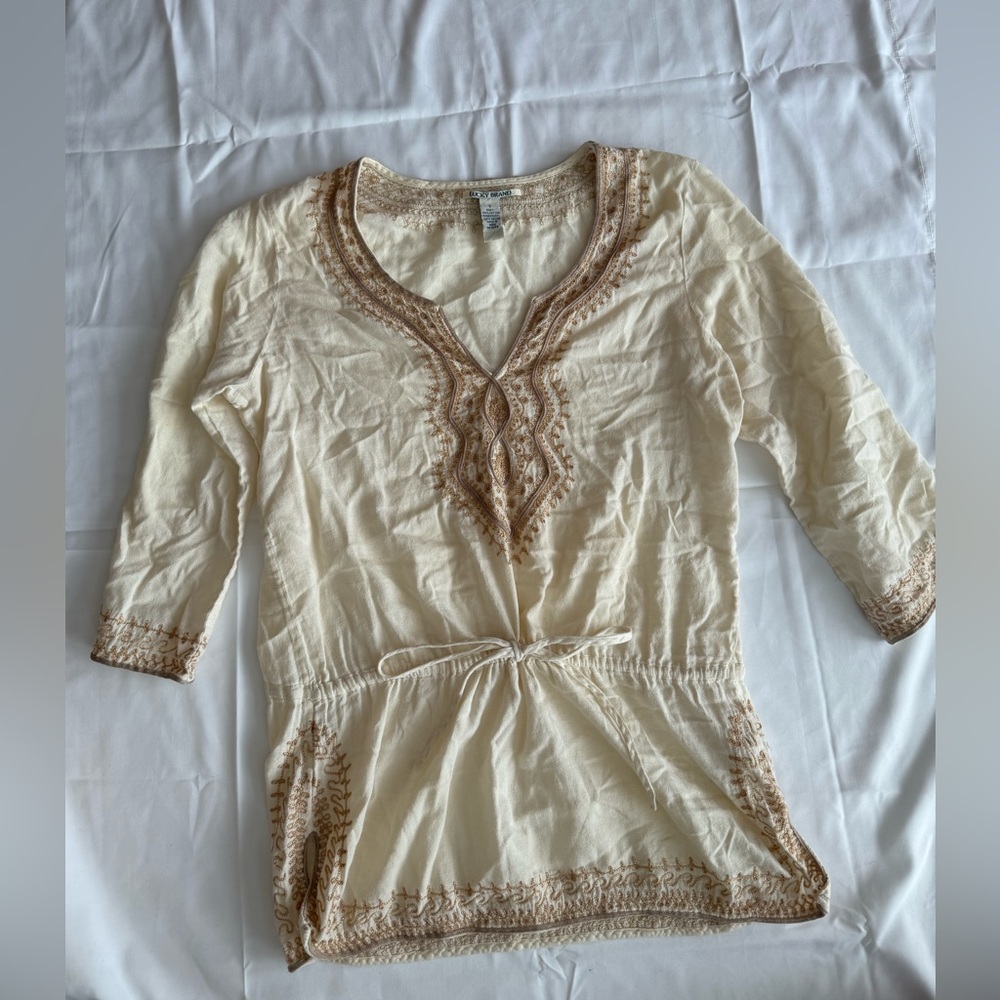 Lucky Brand Top Boho Cream Metallic Gold Embroidered Women's size Small